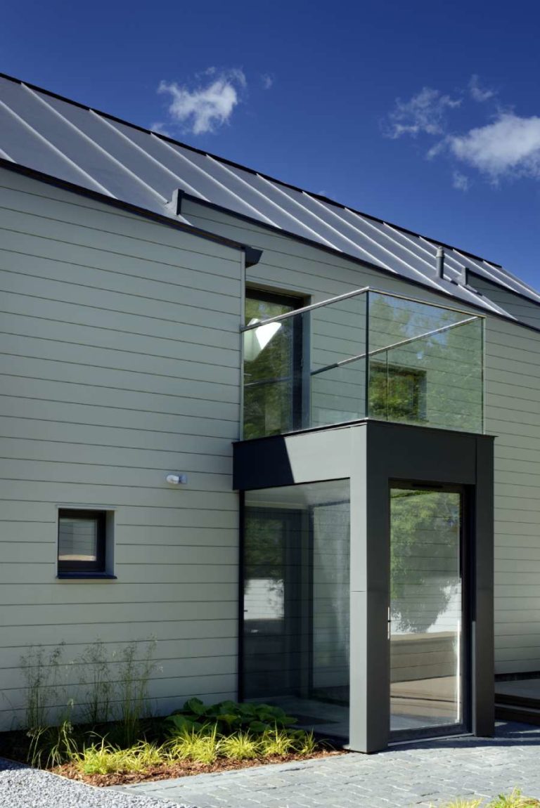 Glass balcony to Tigh Beag, a state of the art timber clad house in the Cairngorms National Park
