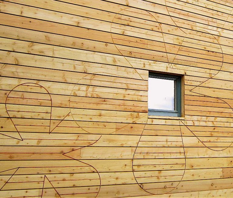 Flower design on the exterior of Flower House - Scotland’s Housing Expo winner for state-of-the-art sustainable housing.